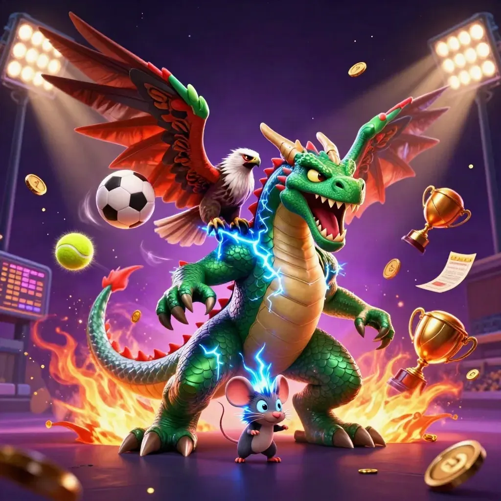 Thunder dragon, wind hawk, and static mouse amid flying sports balls and casino gold.
