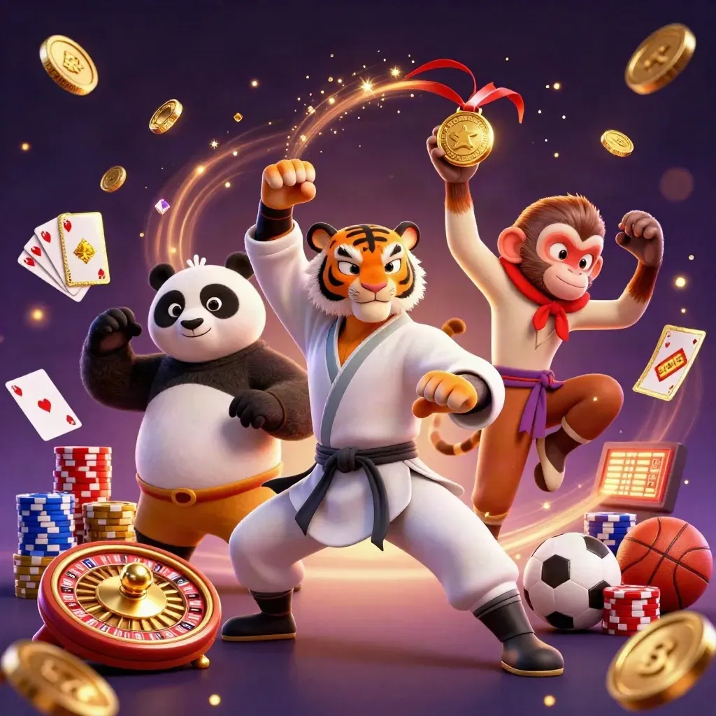 Tiger, panda, and monkey casino heroes with coins, chips, roulette wheel, and glowing effects.