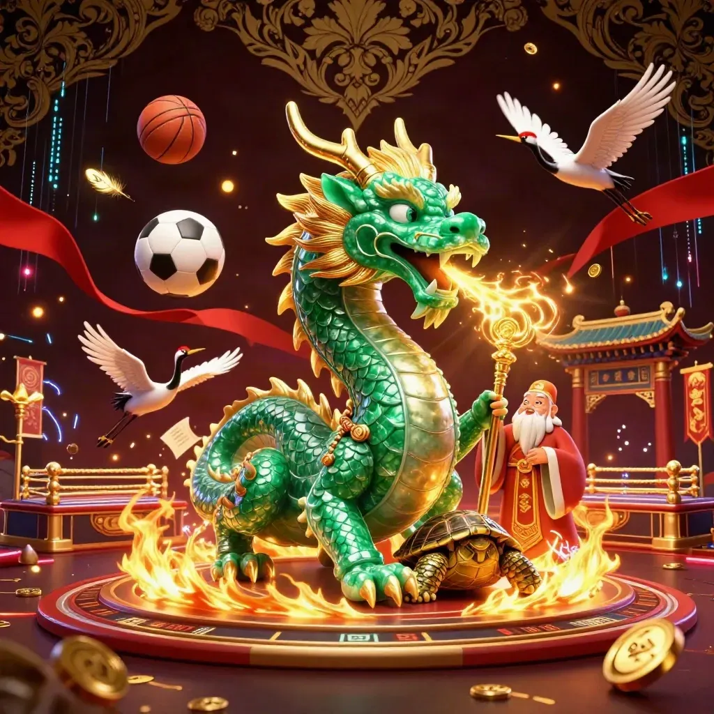 Dragon, turtle sage, and cranes amid fire, coins, balls, and neon casino energy.