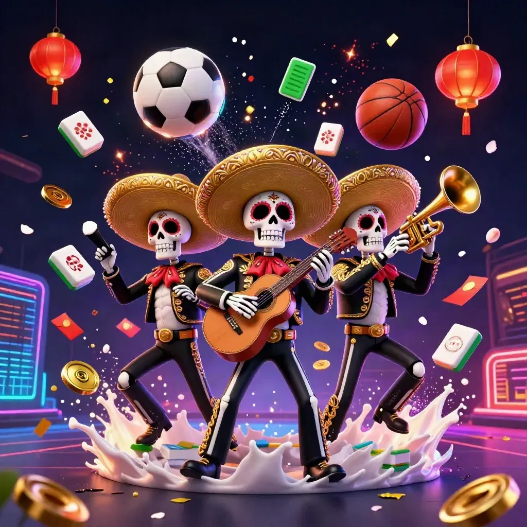 Skeleton mariachi trio amid flying sports balls, lanterns, coins, fireworks and neon casino lights.