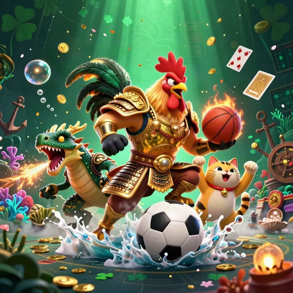 Rooster warrior, dragon hatchling, and fortune cat amid coins, cards, and glowing casino sports props.