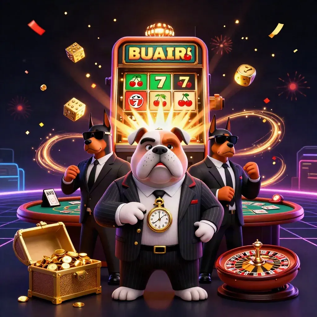 Bulldog boss with Dobermans amid slot burst, roulette, gold, confetti, and neon casino glow