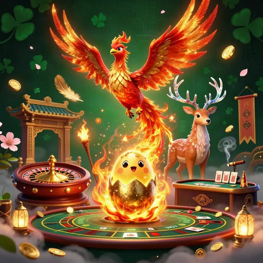 Phoenix, hatching chick, and crystal stag in a luxe emerald casino fantasy scene.