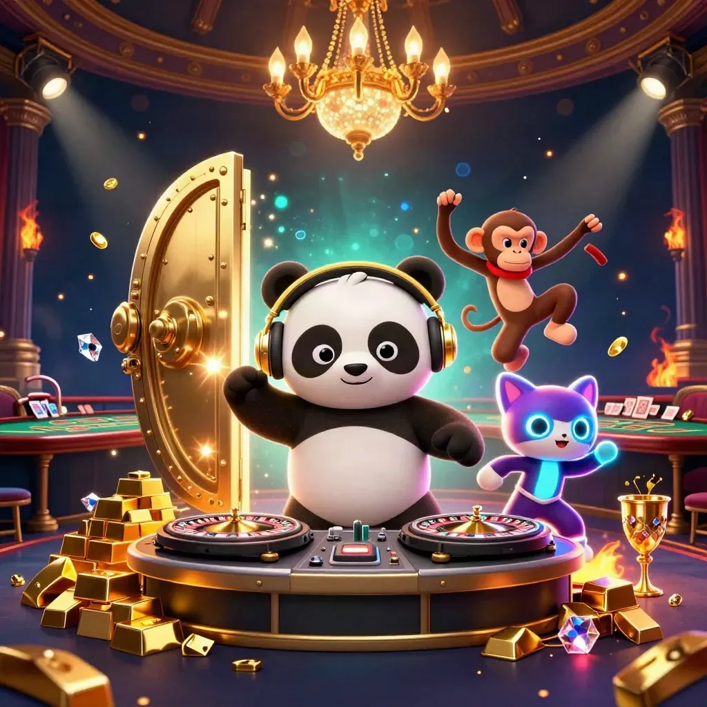 DJ panda, breakdancing monkey, and rave kitten amid vault gold and casino glow