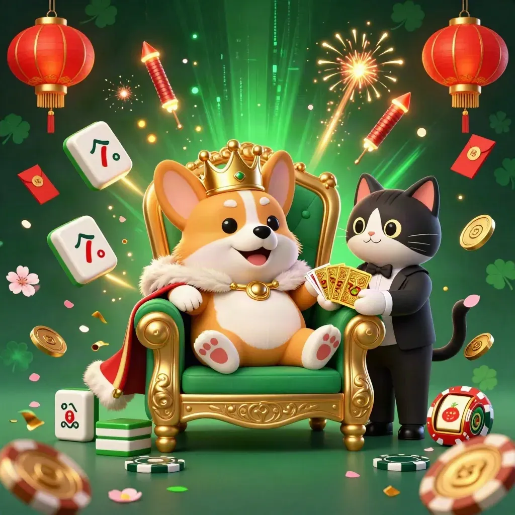 Royal corgi and cat butler amid poker chips, lanterns, coins, and neon casino effects.