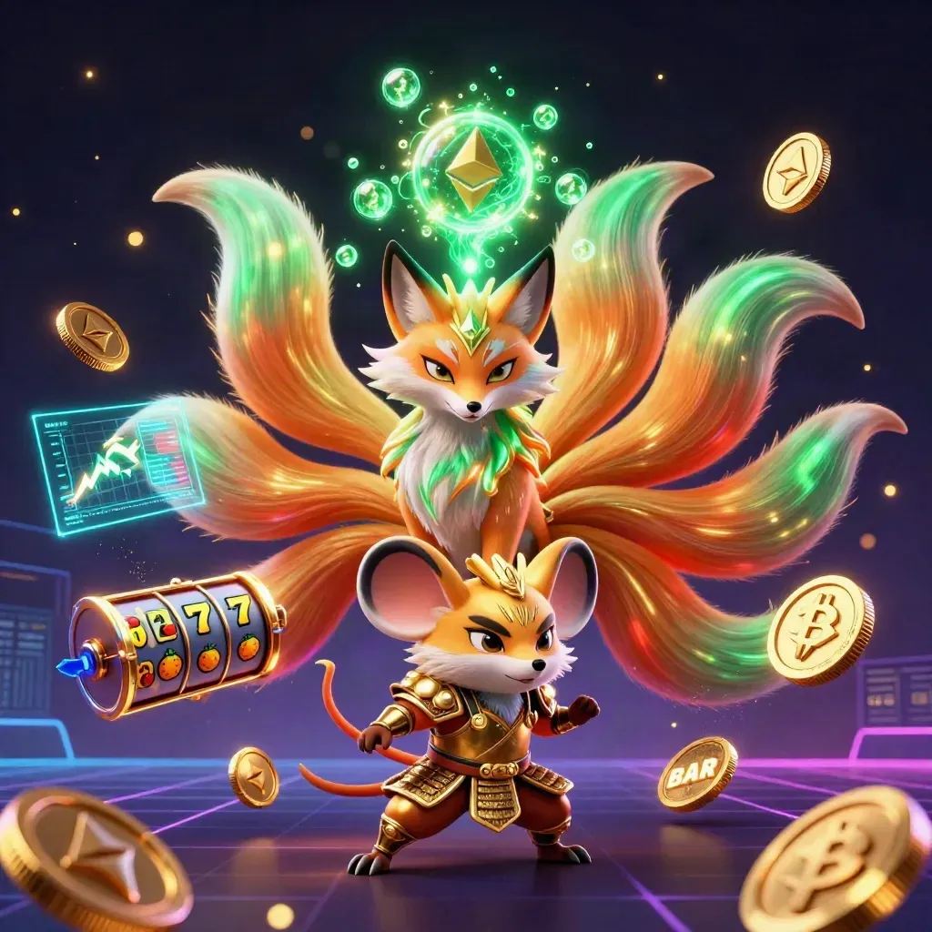 Nine-tailed fox spirit and armored mouse amid coins, neon charts, and casino magic.