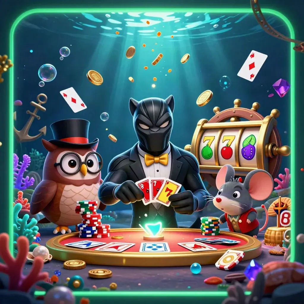 Panther, owl, and mouse in a glowing underwater casino treasure scene with cards, coins, and gems
