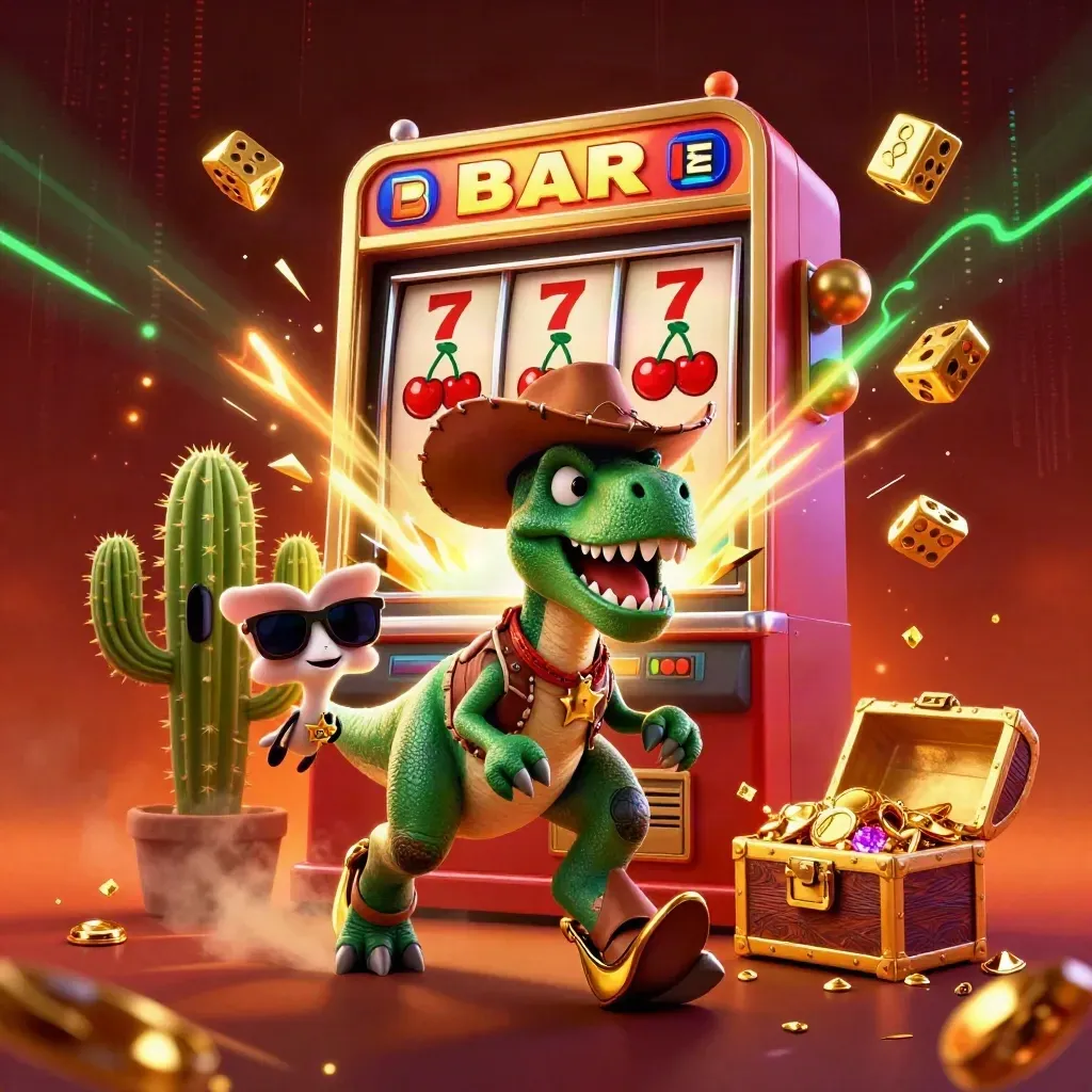 Cowboy T-Rex, cactus sidekick, and sheriff roadrunner erupt from a slot machine in emerald gold firelight.