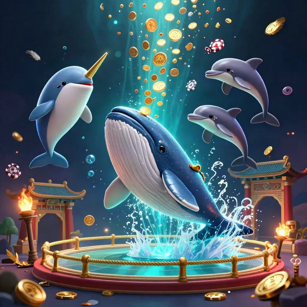 Captain whale, narwhal, and dolphins burst through coins in emerald casino glow