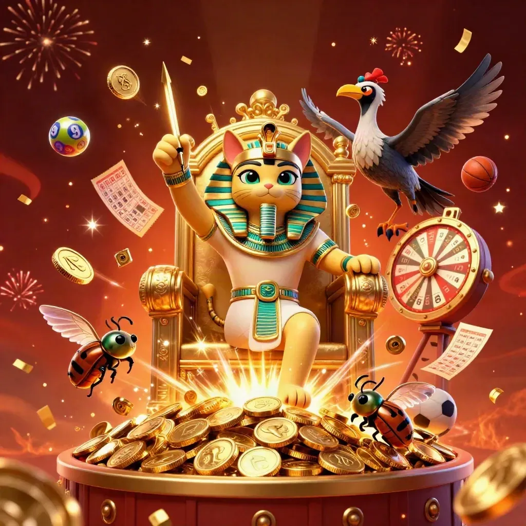 Pharaoh cat, ibis scribe and casino treasure burst amid coins, fireworks and game icons.