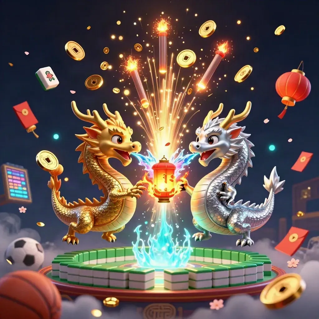 Twin gold and silver dragons in a festive vault blast with coins, lanterns, and fireworks.