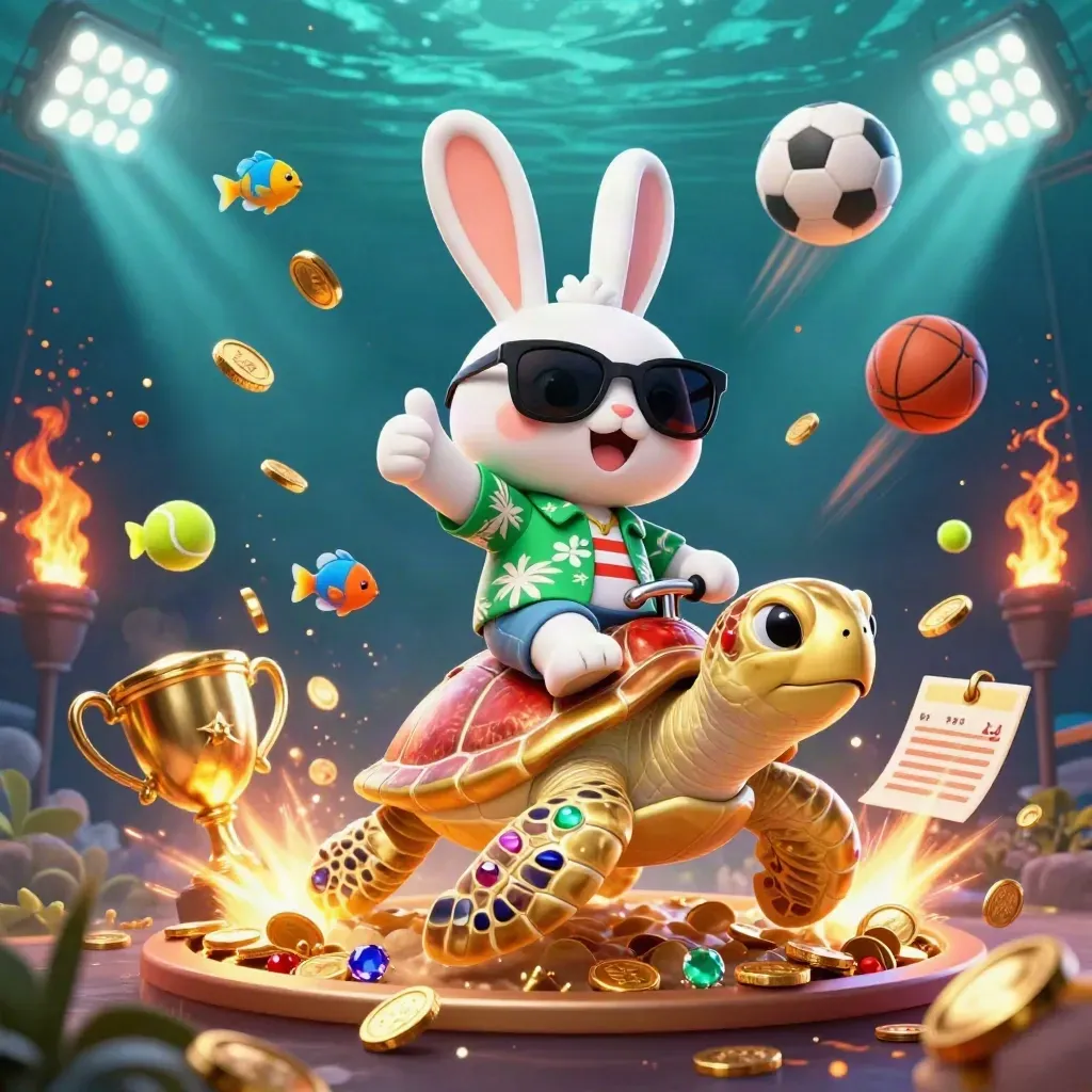 Lucky rabbit on a golden sea turtle amid coins, sports balls, trophy and underwater light rays.