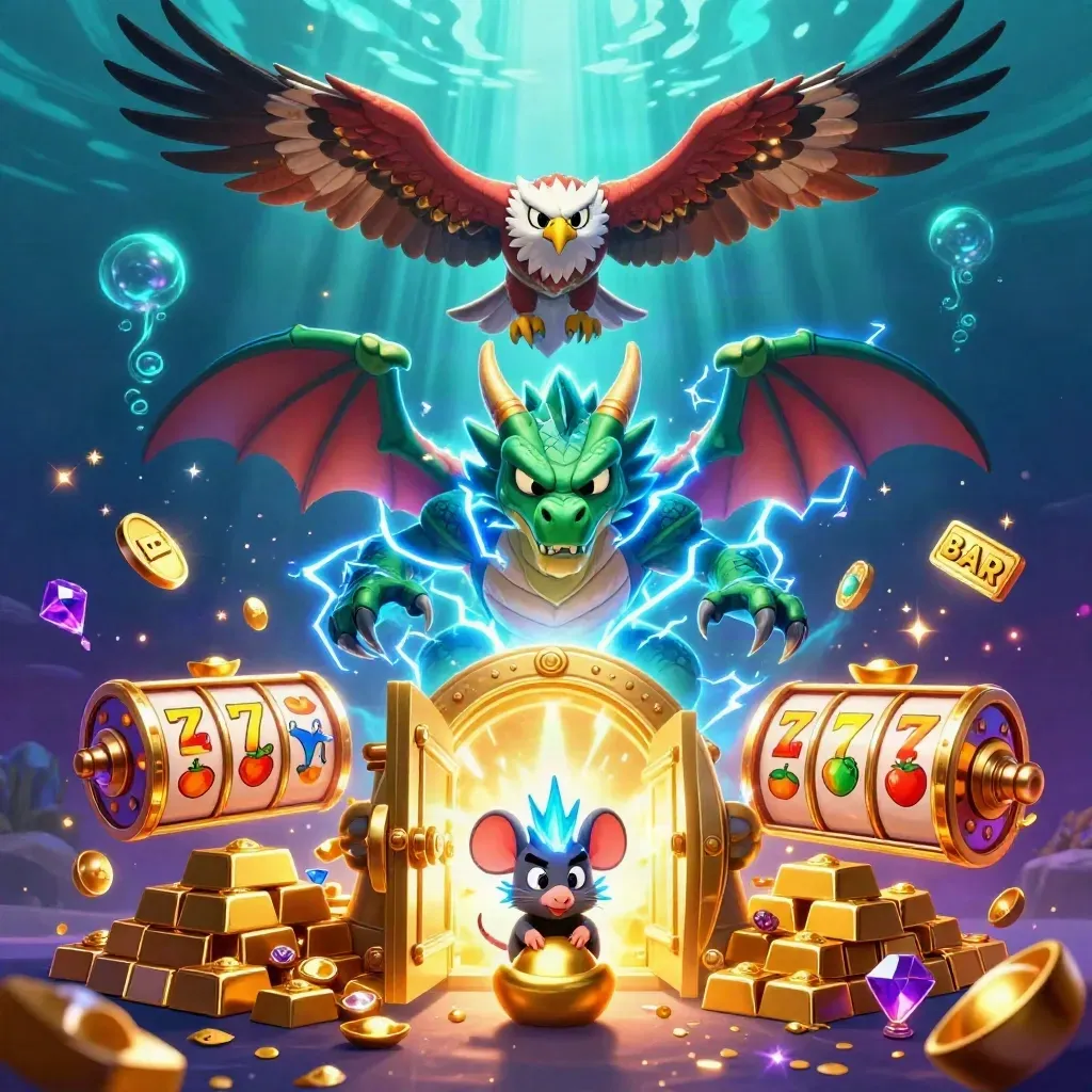 Thunder dragon, hawk, and mouse amid vault gold, gems, and casino reels underwater