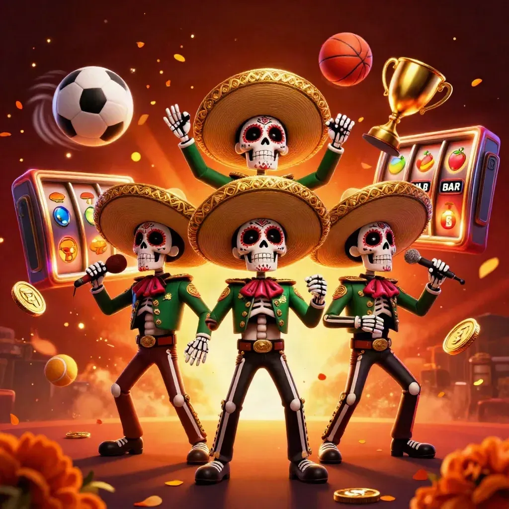 Day-of-the-Dead skeleton mariachi trio with casino props, coins, balls, and fiery lights